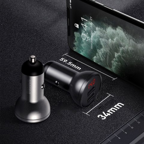 Ładowarka samochodowa 2x USB 4.8A 24W z wyświetlaczem LCD srebrny Ładowarka samochodowa 2x USB 4.8A 24W z wyświetlaczem LCD srebrny