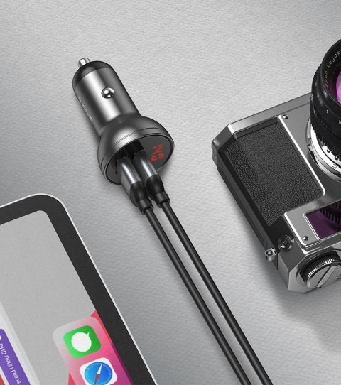 Ładowarka samochodowa 2x USB 4.8A 24W z wyświetlaczem LCD srebrny Ładowarka samochodowa 2x USB 4.8A 24W z wyświetlaczem LCD srebrny
