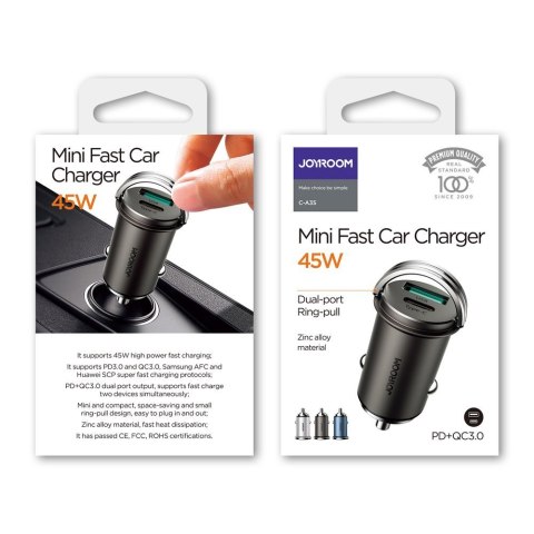 Szybka ładowarka samochodowa USB-C USB 45W 5A PD QC 3.0 AFC SCP szary Szybka ładowarka samochodowa USB-C USB 45W 5A PD QC 3.0 AFC SCP szary
