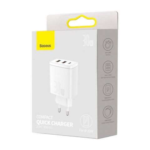 Compact szybka ładowarka sieciowa 2x USB USB-C 30W 3A PD QC biały Compact szybka ładowarka sieciowa 2x USB USB-C 30W 3A PD QC biały