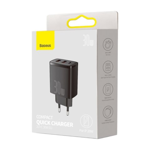 Compact szybka ładowarka sieciowa 2x USB USB-C 30W 3A PD QC czarny Compact szybka ładowarka sieciowa 2x USB USB-C 30W 3A PD QC czarny