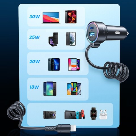 Szybka ładowarka samochodowa 3w1 z kablem USB-C 1.5m 55W czarny Szybka ładowarka samochodowa 3w1 z kablem USB-C 1.5m 55W czarny
