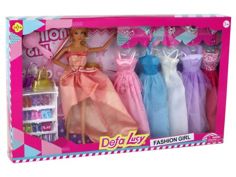 Lalka Dla Dzieci Długie Blond Włosy Szafa Buty Sukienki Akcesoria Różowa Lalka Dla Dzieci Długie Blond Włosy Szafa Buty Sukienki Akcesoria Różowa