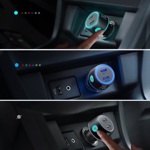 Ładowarka samochodowa podwójna 2x USB-C 70W z podświetleniem LED JR-CCN02 - czarna Ładowarka samochodowa podwójna 2x USB-C 70W z podświetleniem LED JR-CCN02 - czarna