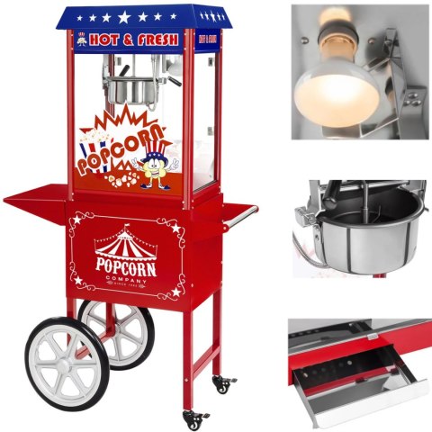 Mobilna maszyna do popcornu z wózkiem na kółkach TEFLON 1600W Mobilna maszyna do popcornu z wózkiem na kółkach TEFLON 1600W