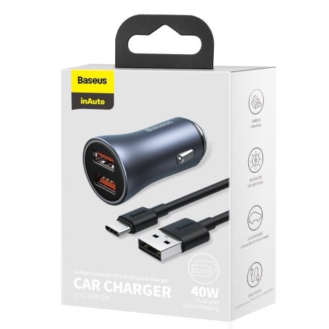 Szybka ładowarka samochodowa 2x USB 40W QC SCP FCP AFC + kabel USB-C szary Szybka ładowarka samochodowa 2x USB 40W QC SCP FCP AFC + kabel USB-C szary