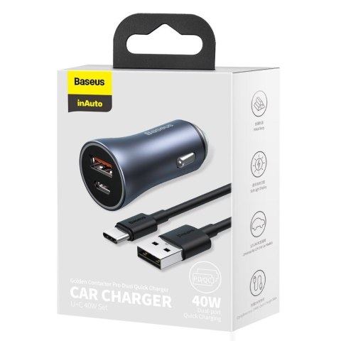 Szybka ładowarka samochodowa 40W PD QC USB-C / USB + kabel USB-C szary Szybka ładowarka samochodowa 40W PD QC USB-C / USB + kabel USB-C szary