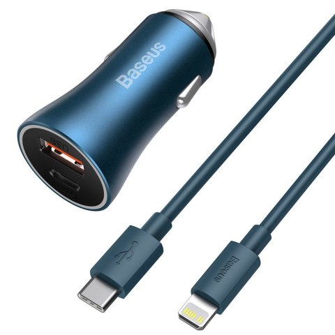 Szybka ładowarka samochodowa 40W PD QC USB-C / USB + kabel do iPhone niebieski Szybka ładowarka samochodowa 40W PD QC USB-C / USB + kabel do iPhone niebieski