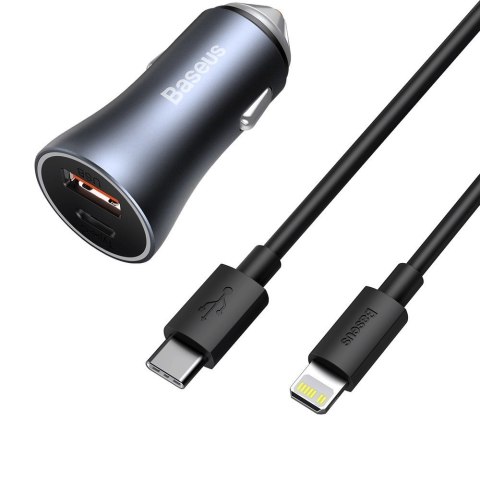 Szybka ładowarka samochodowa USB-C USB 40W PD QC SCP FCP AFC + kabel USB-C - Lightning szary Szybka ładowarka samochodowa USB-C USB 40W PD QC SCP FCP AFC + kabel USB-C - Lightning szary