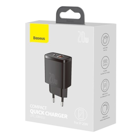 Szybka ładowarka sieciowa Compact USB USB-C 20W 3A PD QC 3.0 czarny Szybka ładowarka sieciowa Compact USB USB-C 20W 3A PD QC 3.0 czarny