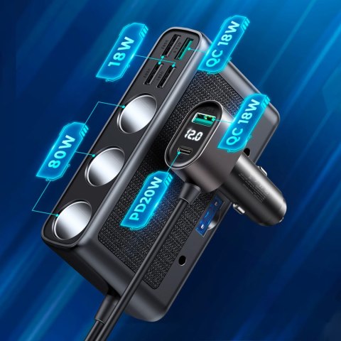 9w1 ładowarka samochodowa rozdzielacz 5x USB 1x USB-C 3x gniazdo zapalniczki PD QC czarny 9w1 ładowarka samochodowa rozdzielacz 5x USB 1x USB-C 3x gniazdo zapalniczki PD QC czarny
