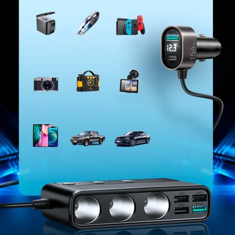9w1 ładowarka samochodowa rozdzielacz 5x USB 1x USB-C 3x gniazdo zapalniczki PD QC czarny 9w1 ładowarka samochodowa rozdzielacz 5x USB 1x USB-C 3x gniazdo zapalniczki PD QC czarny