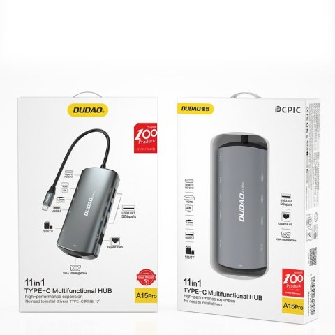 11w1 Adapter HUB USB-C HDMI 3,5 mm mini jack USB czytnik kart SD micro SD VGA RJ45 szary 11w1 Adapter HUB USB-C HDMI 3,5 mm mini jack USB czytnik kart SD micro SD VGA RJ45 szary