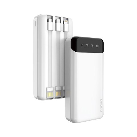 Pojemny powerbank 20000mAh z 3 wbudowanymi kablami USB-C microUSB Lightning biały Pojemny powerbank 20000mAh z 3 wbudowanymi kablami USB-C microUSB Lightning biały