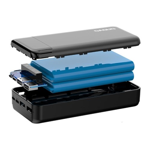 Pojemny powerbank 20000mAh z 3 wbudowanymi kablami USB-C microUSB Lightning biały Pojemny powerbank 20000mAh z 3 wbudowanymi kablami USB-C microUSB Lightning biały