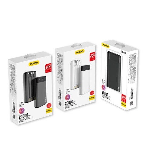 Pojemny powerbank 20000mAh z 3 wbudowanymi kablami USB-C microUSB Lightning biały Pojemny powerbank 20000mAh z 3 wbudowanymi kablami USB-C microUSB Lightning biały