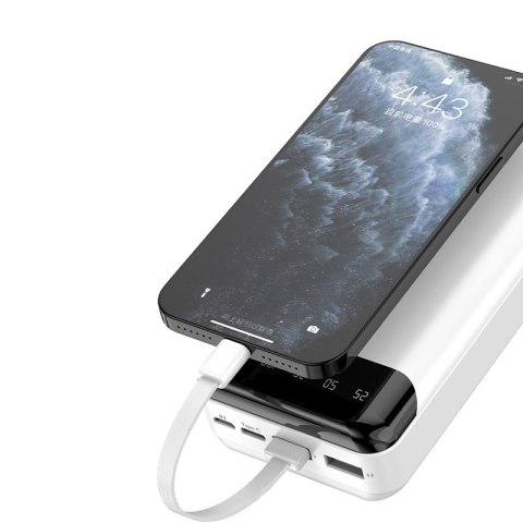 Pojemny powerbank 20000mAh z 3 wbudowanymi kablami USB-C microUSB Lightning biały Pojemny powerbank 20000mAh z 3 wbudowanymi kablami USB-C microUSB Lightning biały
