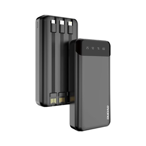 Pojemny powerbank 20000mAh z 3 wbudowanymi kablami USB-C microUSB Lightning czarny Pojemny powerbank 20000mAh z 3 wbudowanymi kablami USB-C microUSB Lightning czarny