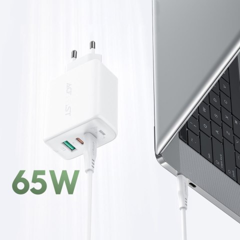2w1 Ładowarka sieciowa 2x USB-C USB 65W + kabel USB-C biały 2w1 Ładowarka sieciowa 2x USB-C USB 65W + kabel USB-C biały