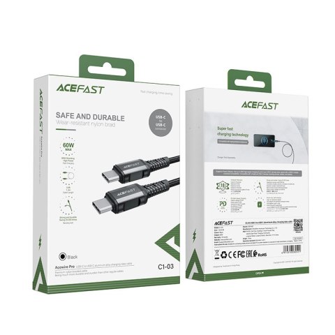Kabel przewód w oplocie USB-C 60W 20V 3A 1.2m czarny Kabel przewód w oplocie USB-C 60W 20V 3A 1.2m czarny