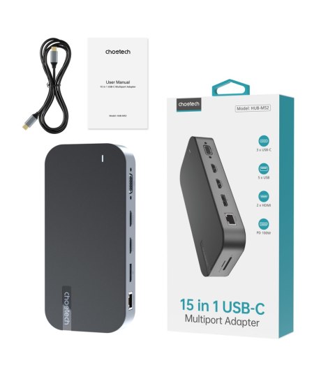 HUB Adapter M52 USB-CUSB-A HDMI VGA DP SD TF RJ45 AUX PD szary HUB Adapter M52 USB-CUSB-A HDMI VGA DP SD TF RJ45 AUX PD szary