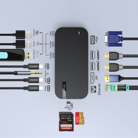 HUB Adapter M52 USB-CUSB-A HDMI VGA DP SD TF RJ45 AUX PD szary HUB Adapter M52 USB-CUSB-A HDMI VGA DP SD TF RJ45 AUX PD szary