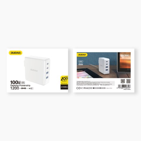 Szybka i mocna ładowarka sieciowa GaN 2x USB-C 2x USB 100W biała Szybka i mocna ładowarka sieciowa GaN 2x USB-C 2x USB 100W biała