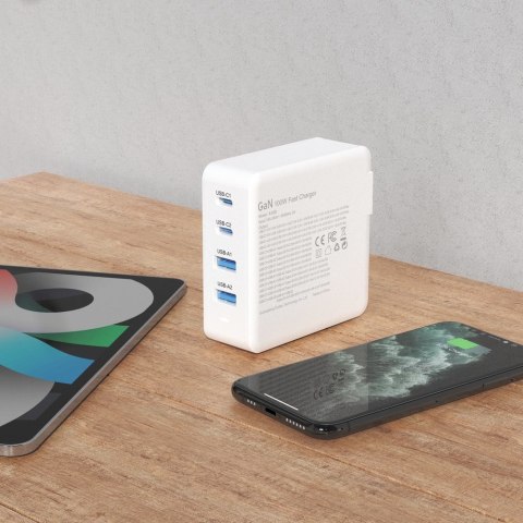 Szybka i mocna ładowarka sieciowa GaN 2x USB-C 2x USB 100W biała Szybka i mocna ładowarka sieciowa GaN 2x USB-C 2x USB 100W biała