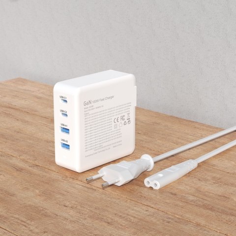 Szybka i mocna ładowarka sieciowa GaN 2x USB-C 2x USB 100W biała Szybka i mocna ładowarka sieciowa GaN 2x USB-C 2x USB 100W biała