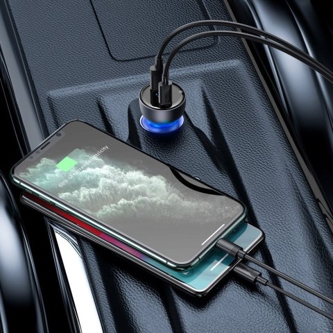 Ładowarka samochodowa USB USB -C 65W 5A SCP QC PD ekran LCD + kabel USB-C szary Ładowarka samochodowa USB USB -C 65W 5A SCP QC PD ekran LCD + kabel USB-C szary