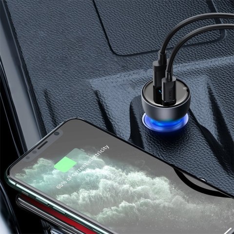 Ładowarka samochodowa USB USB -C 65W 5A SCP QC PD ekran LCD + kabel USB-C szary Ładowarka samochodowa USB USB -C 65W 5A SCP QC PD ekran LCD + kabel USB-C szary