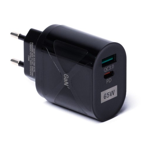 Mała ładowarka GaN 65W z portami USB USB-C QC3.0 PD szybkie ładowanie czarna Mała ładowarka GaN 65W z portami USB USB-C QC3.0 PD szybkie ładowanie czarna