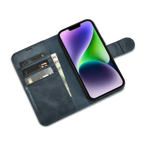2w1 etui skórzany pokrowiec z klapką iPhone 14 Anti-RFID Oil Wax Wallet Case niebieski 2w1 etui skórzany pokrowiec z klapką iPhone 14 Anti-RFID Oil Wax Wallet Case niebieski