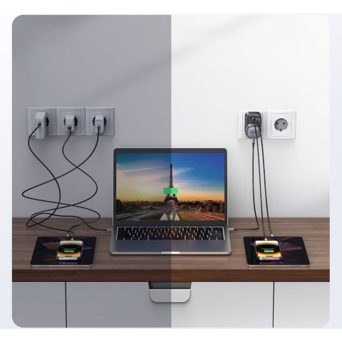 2w1 Ładowarka sieciowa EU 2x USB USB-C + adapter do wtyczki angielskiej UK czarna 2w1 Ładowarka sieciowa EU 2x USB USB-C + adapter do wtyczki angielskiej UK czarna