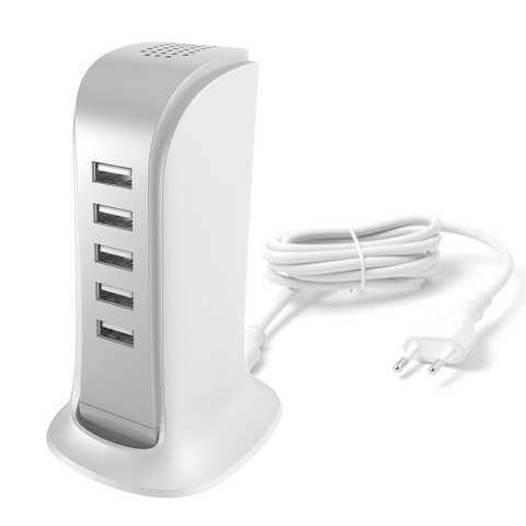Ładowarka A5EU dla pięciu urządzeń 5x USB z wbudowanym kablem sieciowym biały Ładowarka A5EU dla pięciu urządzeń 5x USB z wbudowanym kablem sieciowym biały