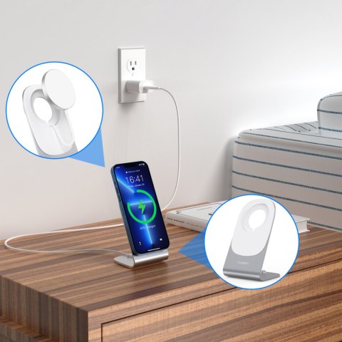 Ładowarka indukcyjna 15W Qi z MagSafe + stojak magnetyczny na telefon - biała Ładowarka indukcyjna 15W Qi z MagSafe + stojak magnetyczny na telefon - biała