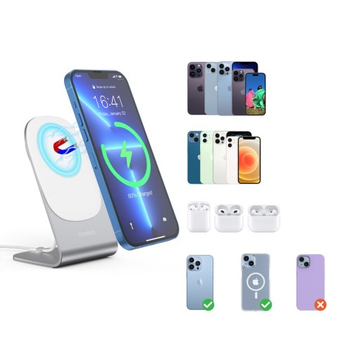 Ładowarka indukcyjna 15W Qi z MagSafe + stojak magnetyczny na telefon - biała Ładowarka indukcyjna 15W Qi z MagSafe + stojak magnetyczny na telefon - biała