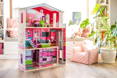 Duży drewniany domek z windą dla lalek - Rezydencja Malibu ECOTOYS Duży drewniany domek z windą dla lalek - Rezydencja Malibu ECOTOYS